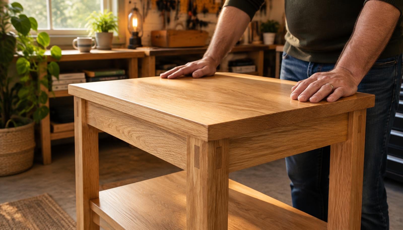 Mesa de madeira pronta com as mãos do autor apoiadas