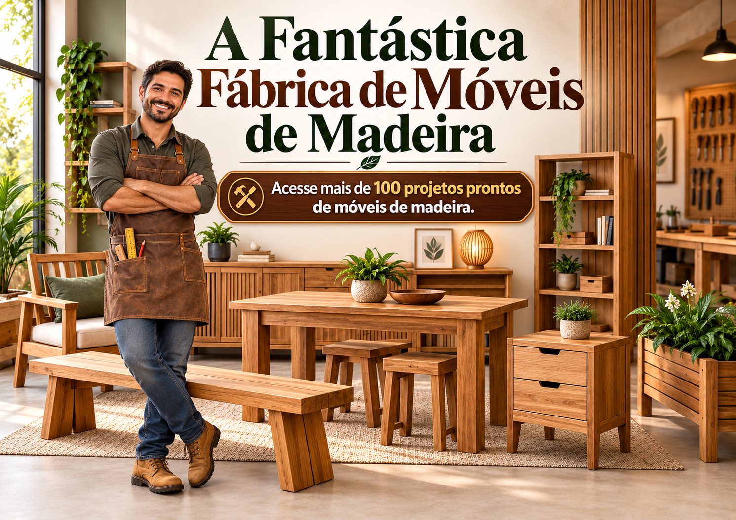 Marceneiro sorridente em ambiente com móveis de madeira